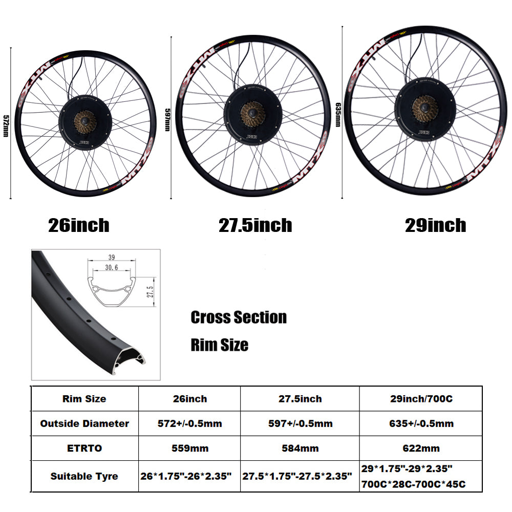 Envío desde Stock del Reino Unido Kit de Conversión para Bicicleta Eléctrica MTX 26" 27.5" 29" 48V 1000W 1500W Rueda de Motor Trasera para Ebike con Batería